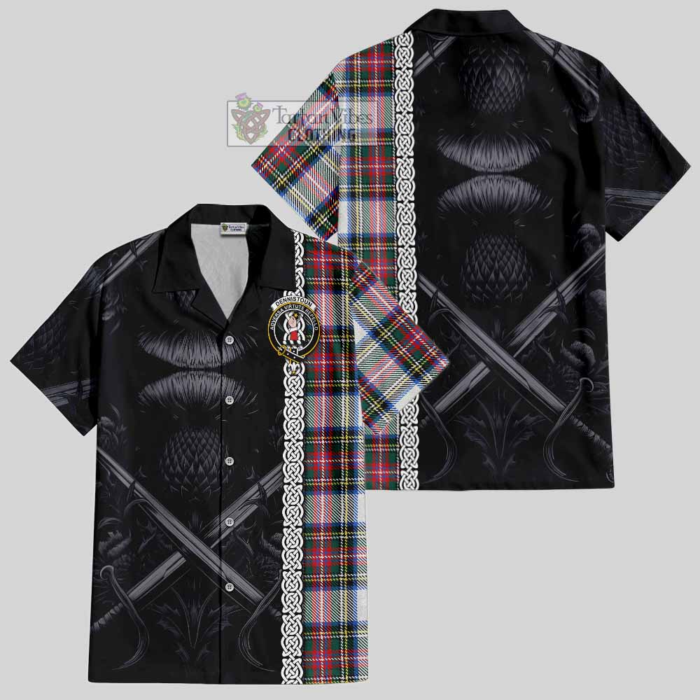 Dennistoun Tartan Hawaiian Shirt with Family Crest Cross Sword Thistle Celtic Vibes - Tartan Vibes Clothing