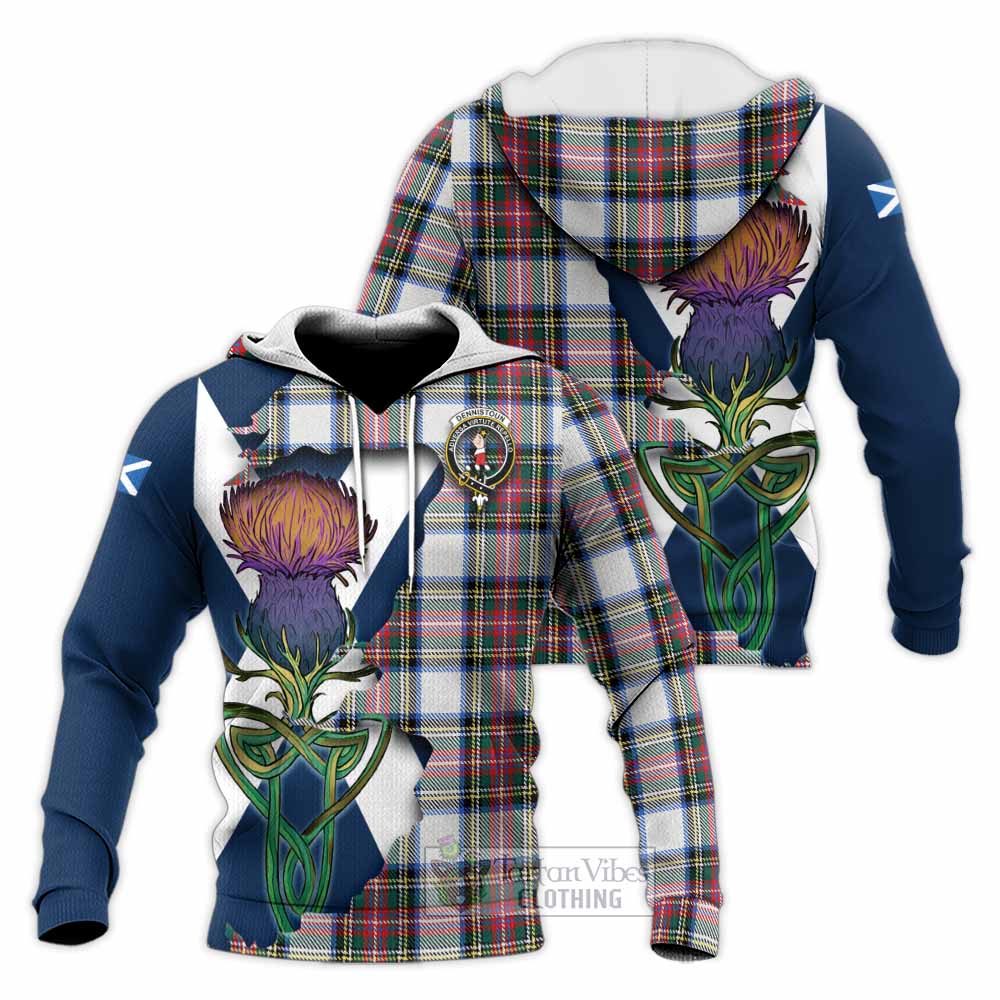 Dennistoun Tartan Family Crest Knitted Hoodie Scottish Thistle Celtic Inspired - Tartan Vibes Clothing