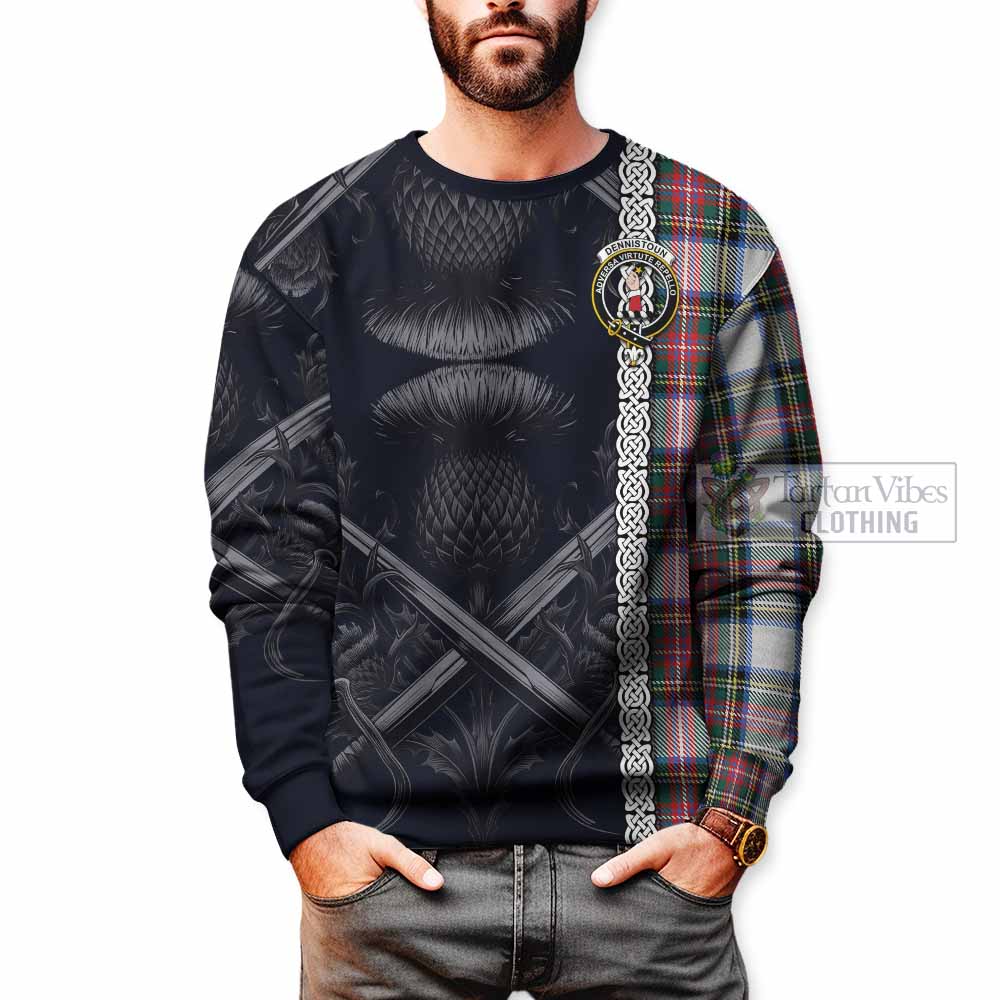 Dennistoun Tartan Sweatshirt with Family Crest Cross Sword Thistle Celtic Vibes - Tartan Vibes Clothing