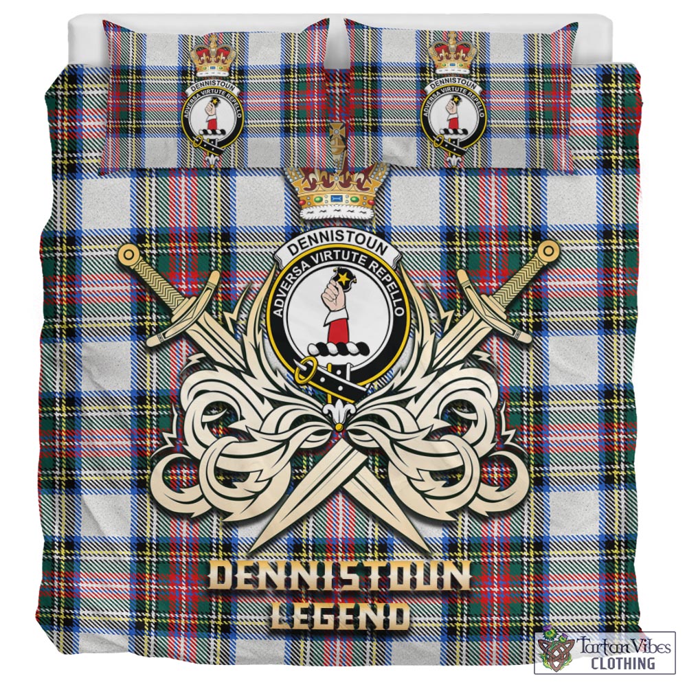 Tartan Vibes Clothing Dennistoun Tartan Bedding Set with Clan Crest and the Golden Sword of Courageous Legacy