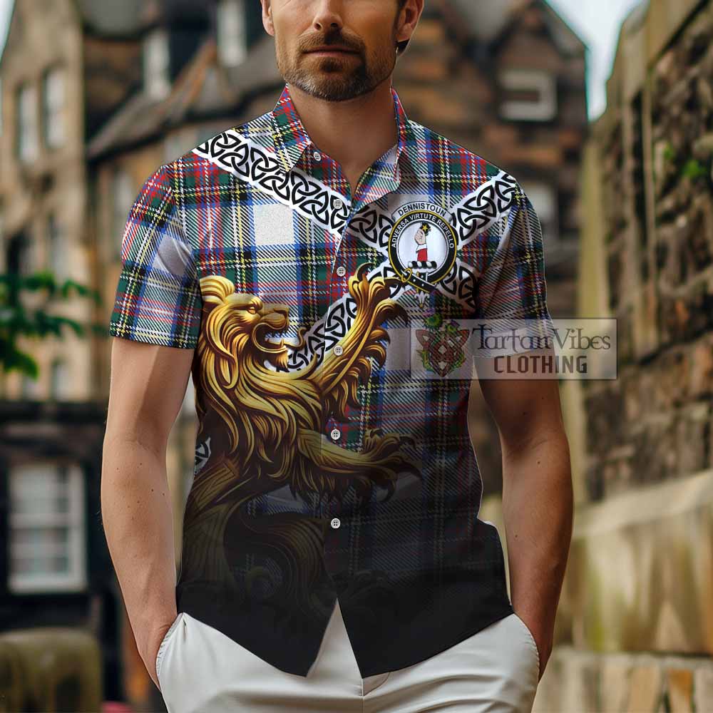Dennistoun Crest Tartan Hawaiian Shirt with Golden Lion Emblem Celtic Style - Tartan Vibes Clothing