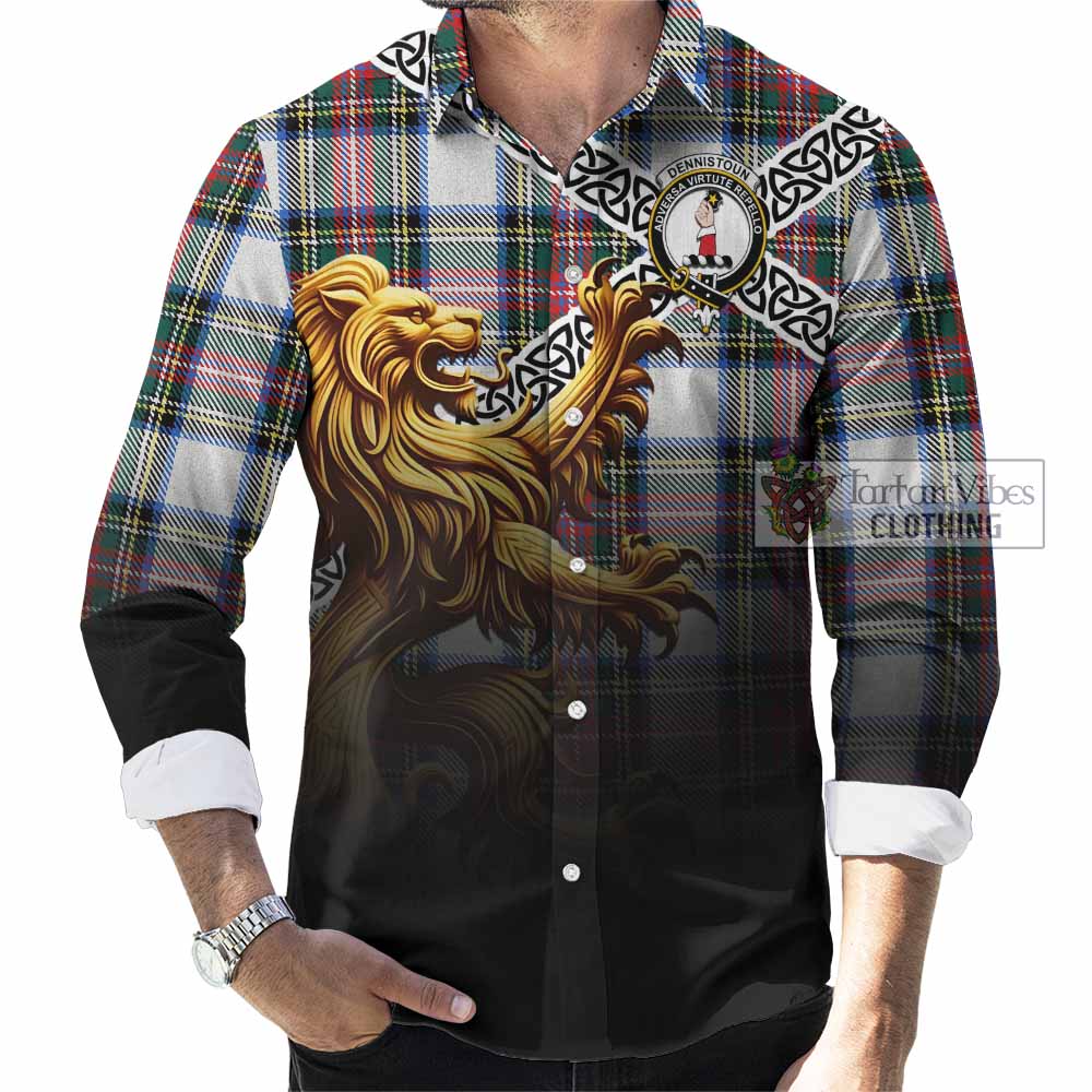 Dennistoun Crest Tartan Long Sleeve Button Shirt with Golden Lion Emblem Celtic Style - Tartan Vibes Clothing