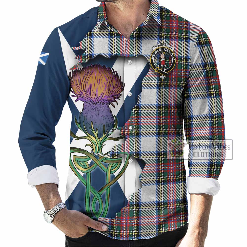 Tartan Vibes Clothing Dennistoun Tartan Family Crest Long Sleeve Button Shirt Scottish Thistle Celtic Inspired