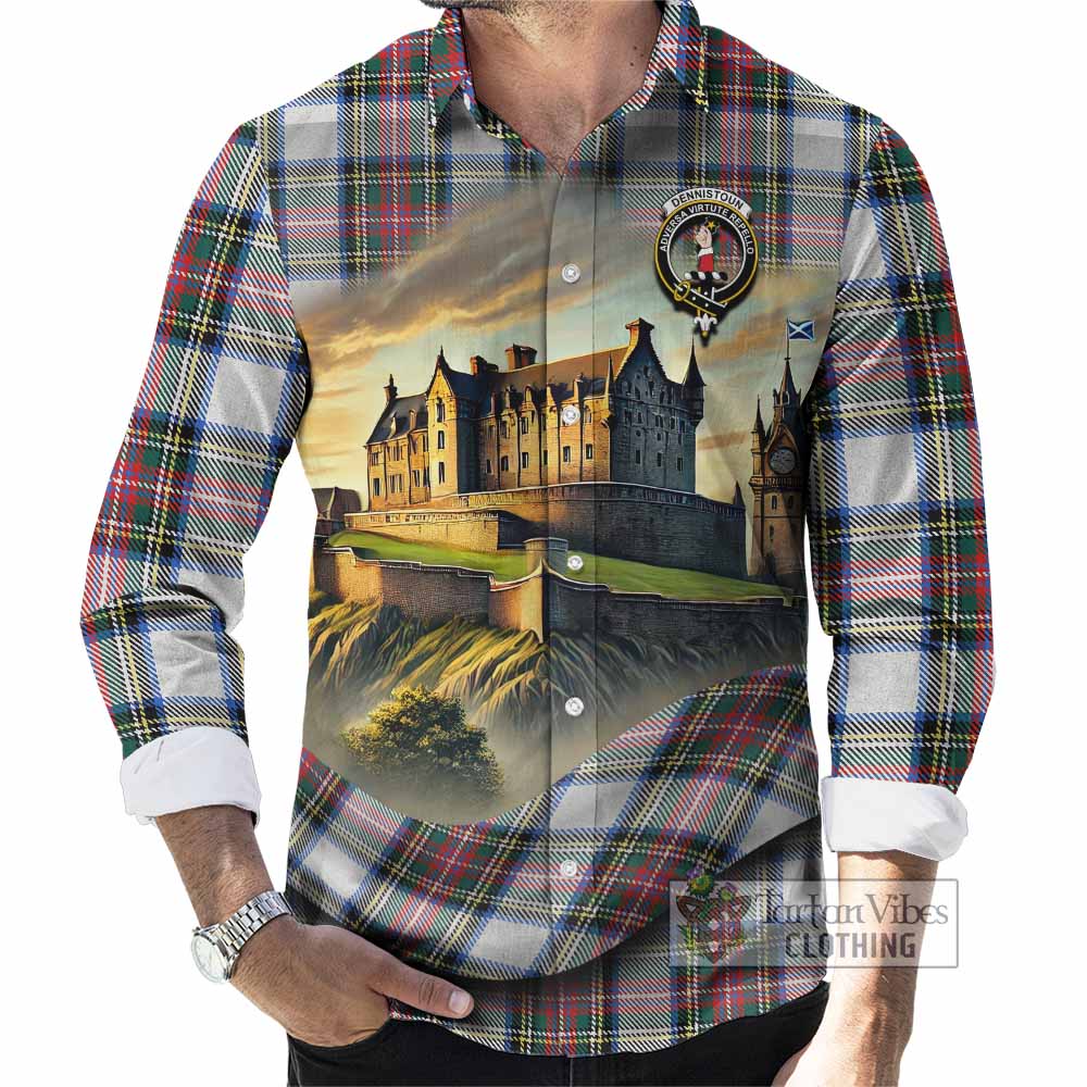 Tartan Vibes Clothing Dennistoun Tartan Family Crest Long Sleeve Button Shirt with Scottish Ancient Castle Style