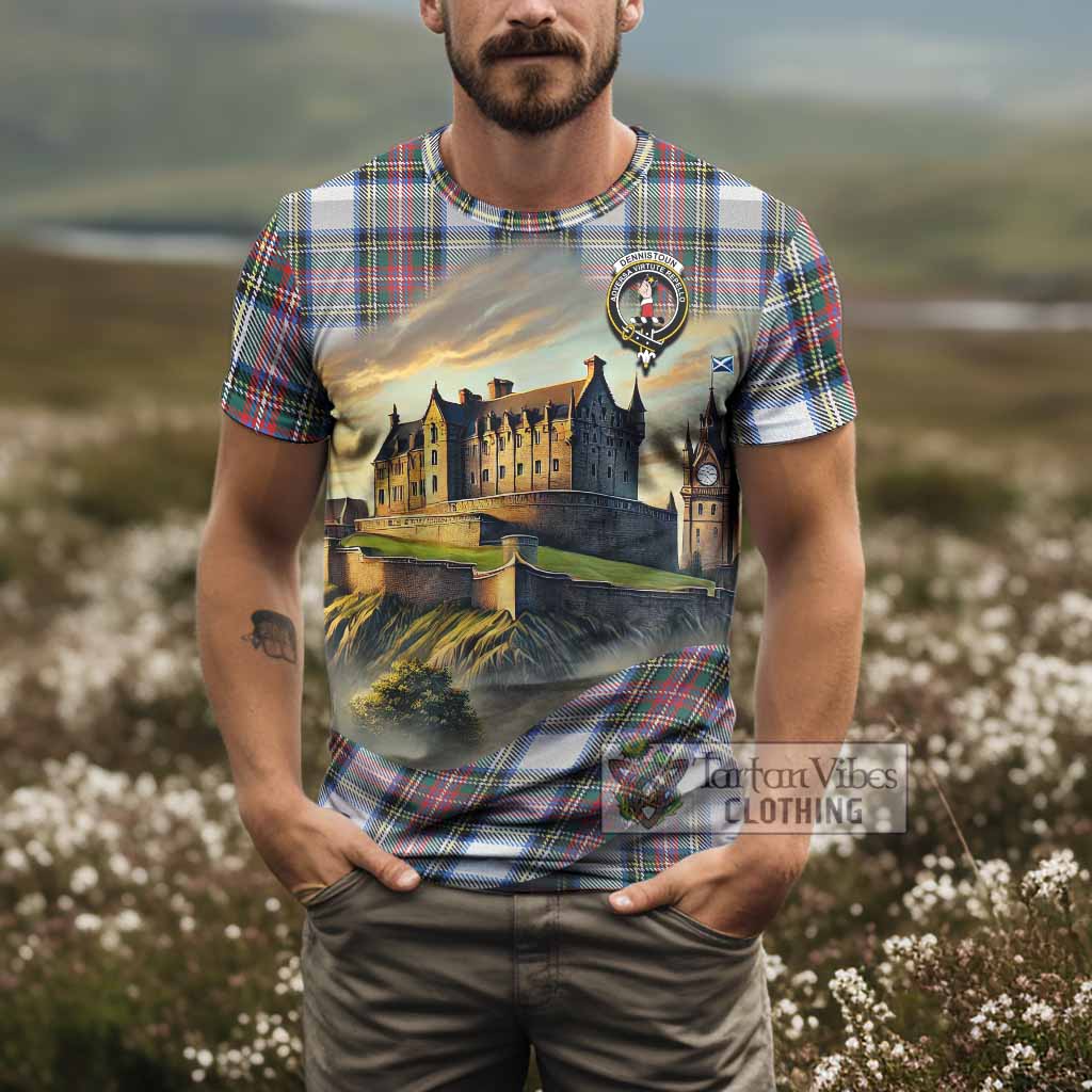 Dennistoun Tartan Family Crest T-Shirt with Scottish Ancient Castle Style - Tartan Vibes Clothing