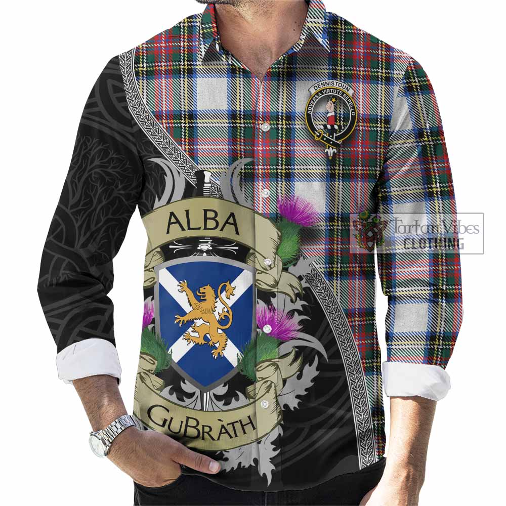 Dennistoun Tartan Family Crest Long Sleeve Button Shirt Lion Rampant Royal Thistle Shield Celtic Inspired - Tartan Vibes Clothing