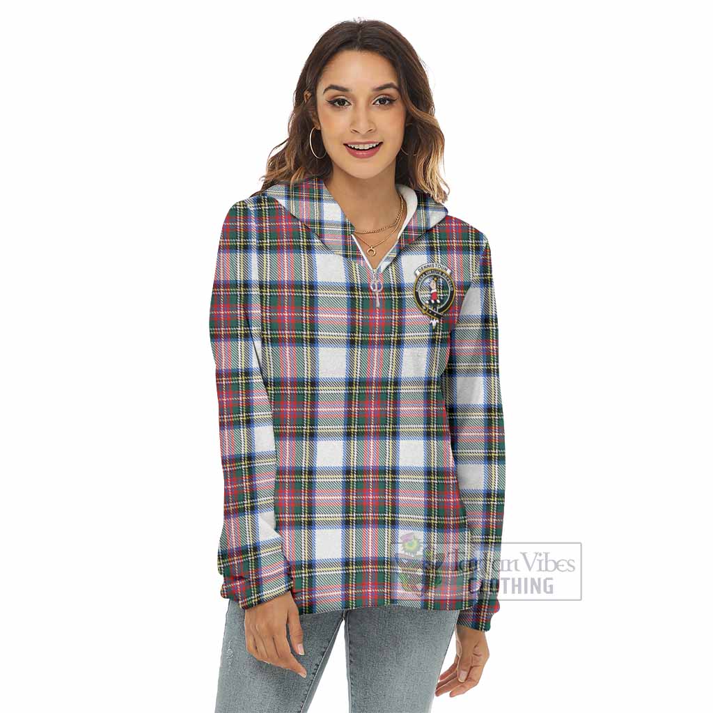 Dennistoun Tartan Women's Borg Fleece Hoodie with Half Zip with Family Crest - Tartan Vibes Clothing