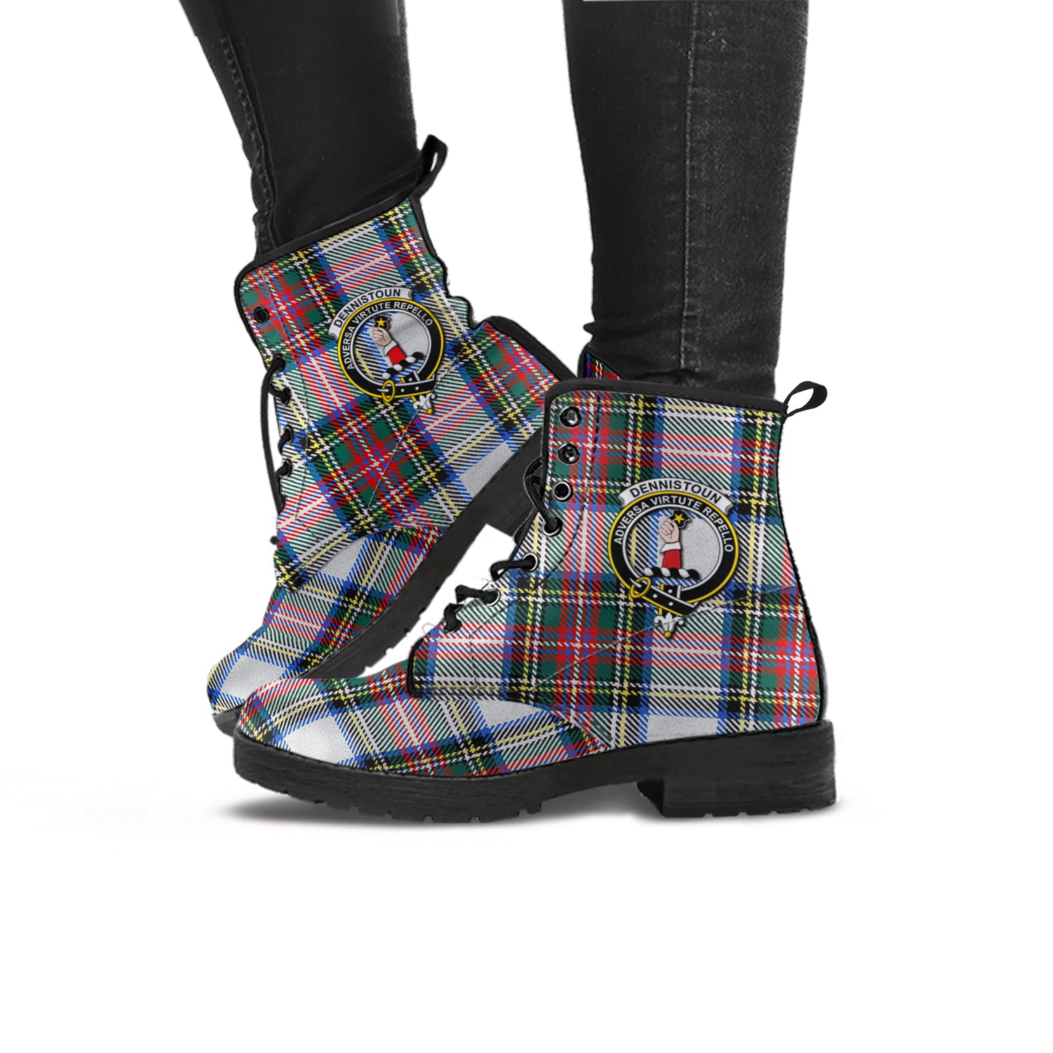Dennistoun Tartan Leather Boots with Family Crest - Tartan Vibes Clothing