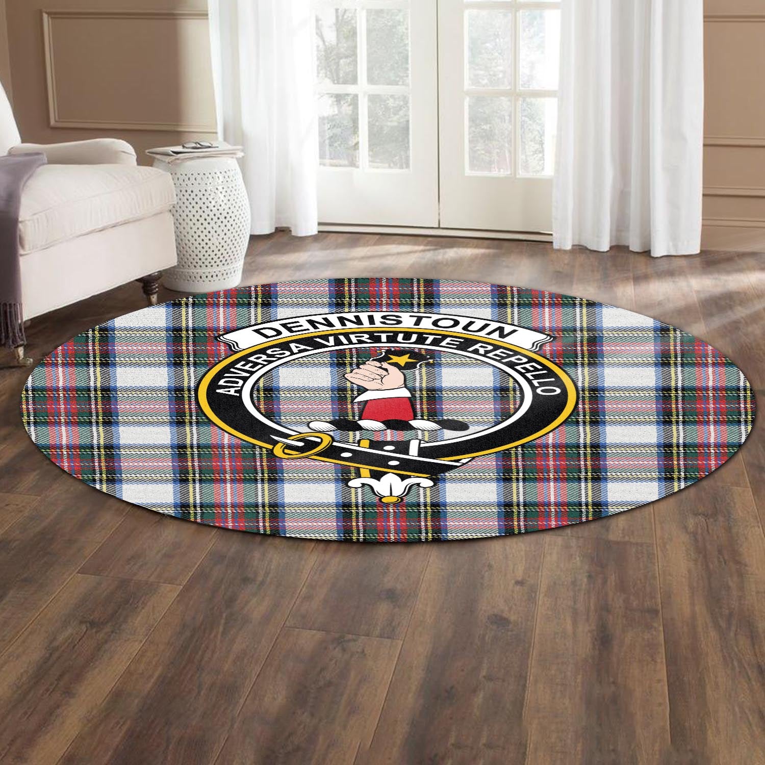 Dennistoun Tartan Round Rug with Family Crest - Tartan Vibes Clothing