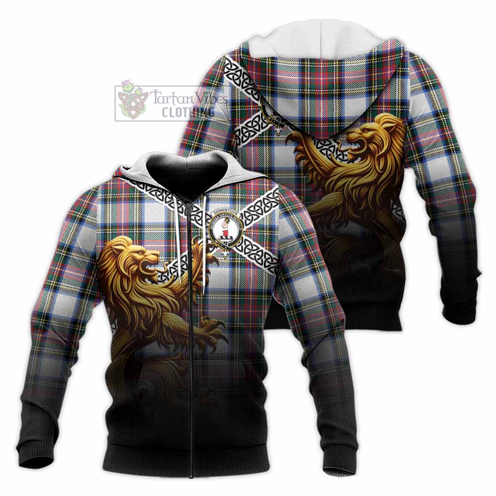 Dennistoun Crest Tartan Knitted Hoodie with Golden Lion Emblem Celtic Style Unisex Knitted Zip Hoodie - Tartan Vibes Clothing