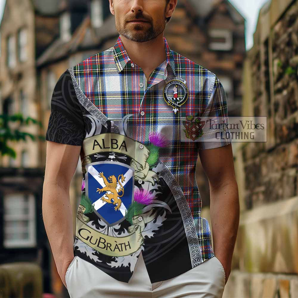 Dennistoun Tartan Family Crest Hawaiian Shirt Lion Rampant Royal Thistle Shield Celtic Inspired - Tartan Vibes Clothing