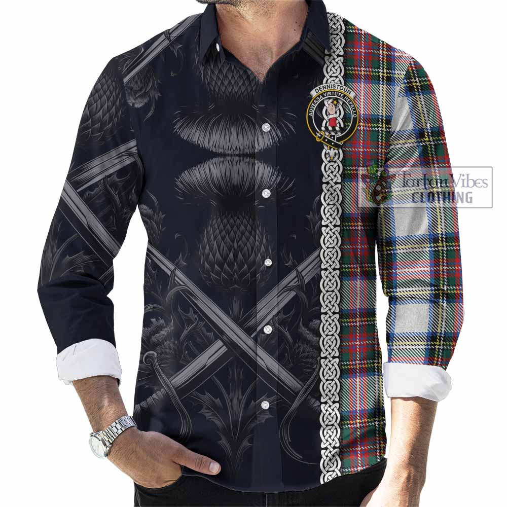 Tartan Vibes Clothing Dennistoun Tartan Long Sleeve Button Shirt with Family Crest Cross Sword Thistle Celtic Vibes