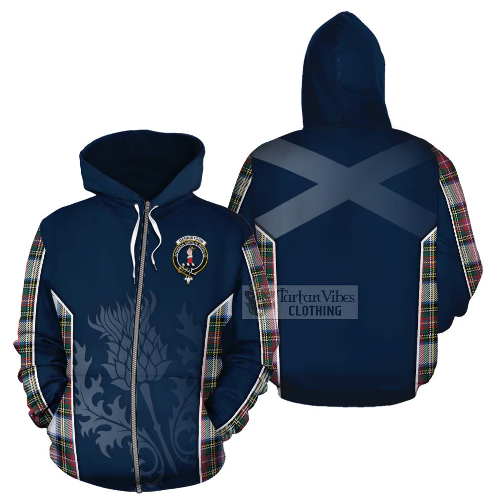Tartan Vibes Clothing Dennistoun Tartan Cotton Hoodie with Family Crest and Scottish Thistle Vibes Sport Style
