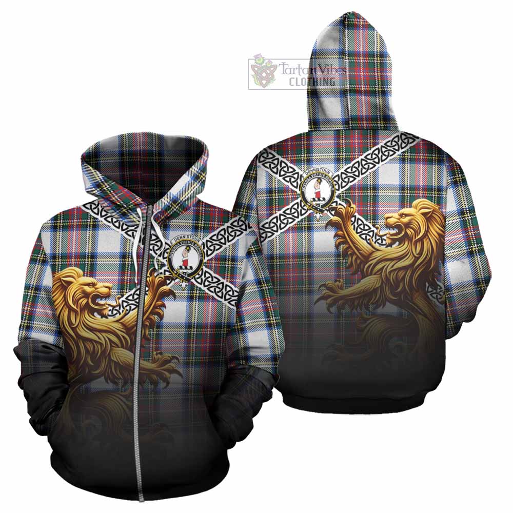 Dennistoun Crest Tartan Hoodie with Golden Lion Emblem Celtic Style Zip Hoodie - Tartan Vibes Clothing