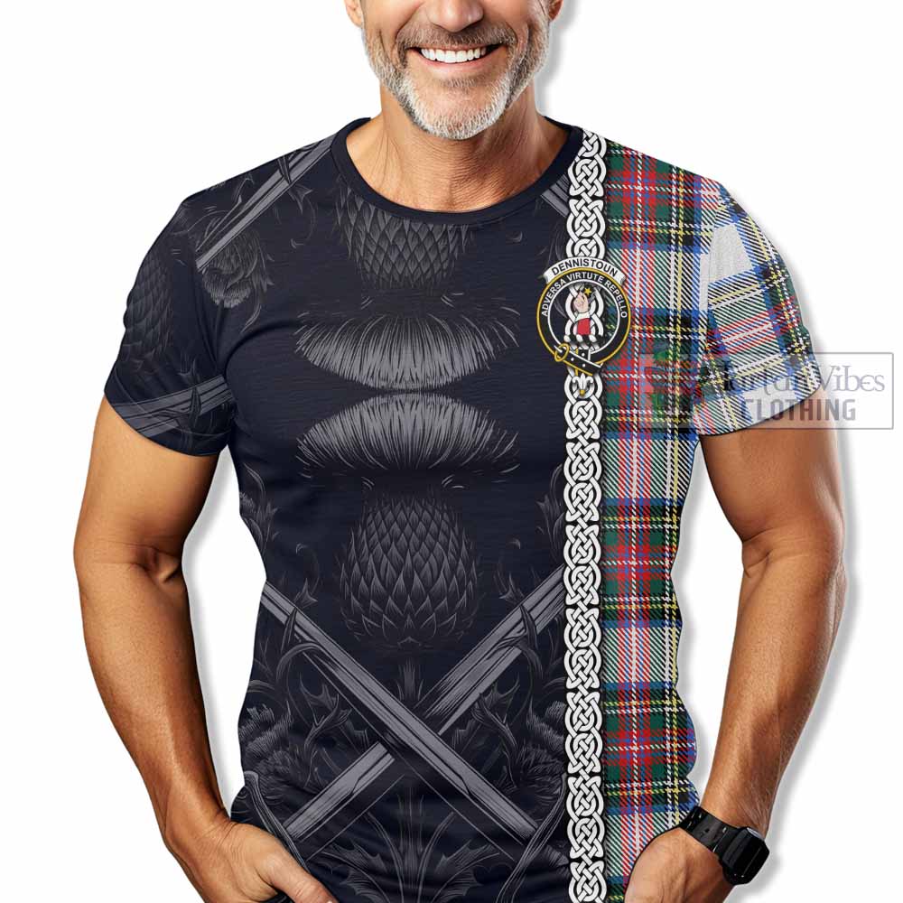 Dennistoun Tartan T-Shirt with Family Crest Cross Sword Thistle Celtic Vibes - Tartan Vibes Clothing