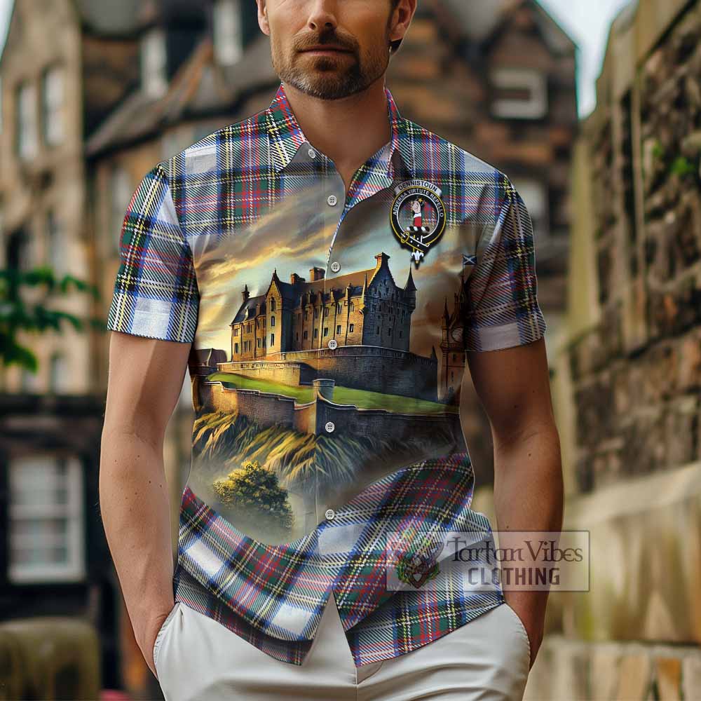Dennistoun Tartan Family Crest Hawaiian Shirt with Scottish Ancient Castle Style - Tartan Vibes Clothing
