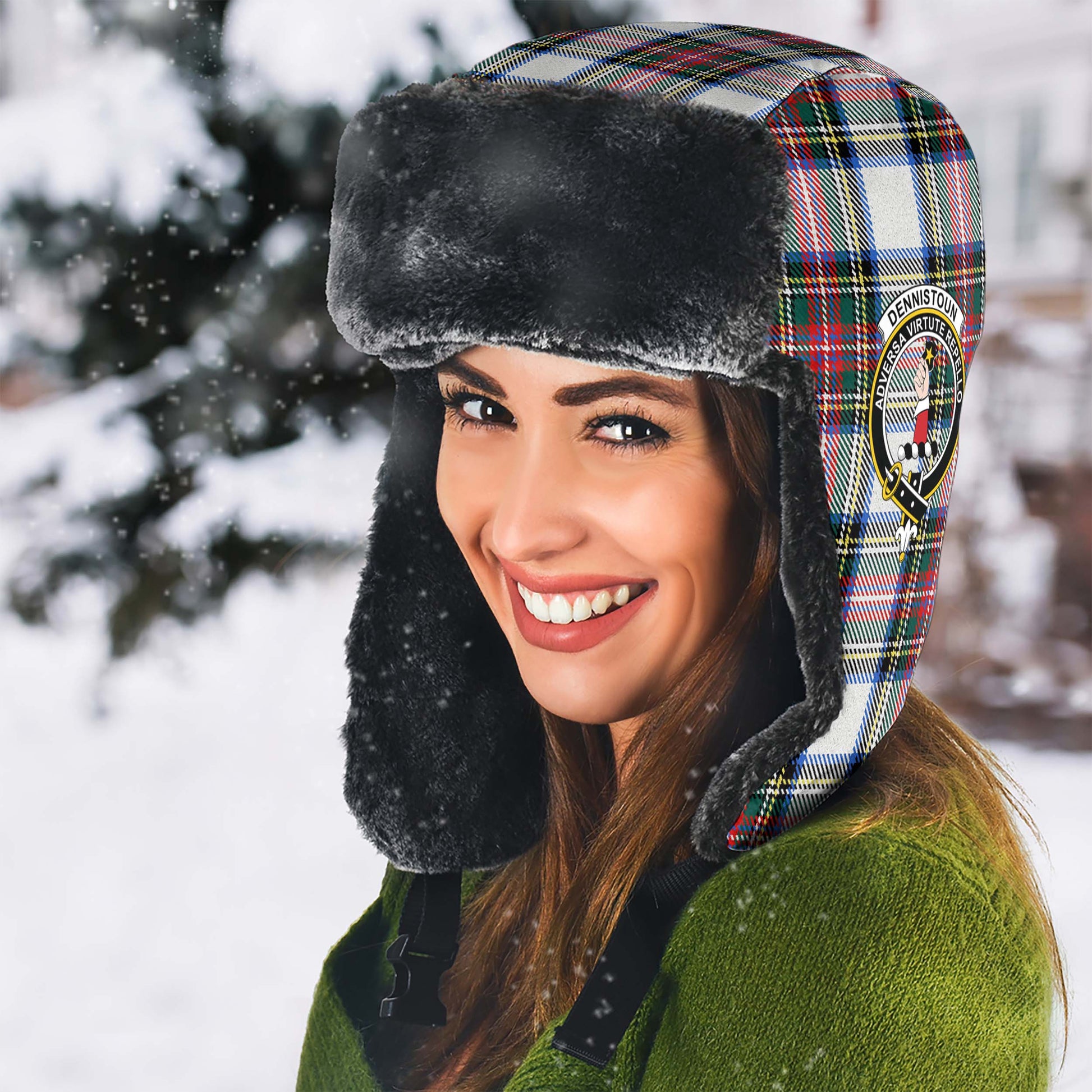 Dennistoun Tartan Winter Trapper Hat with Family Crest - Tartan Vibes Clothing