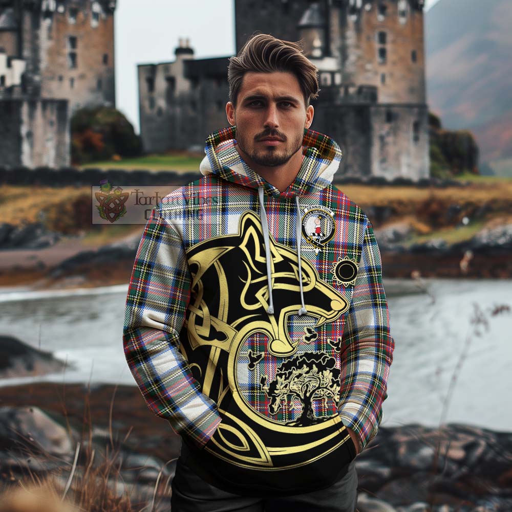 Dennistoun Tartan Cotton Hoodie with Family Crest Celtic Wolf Style - Tartan Vibes Clothing