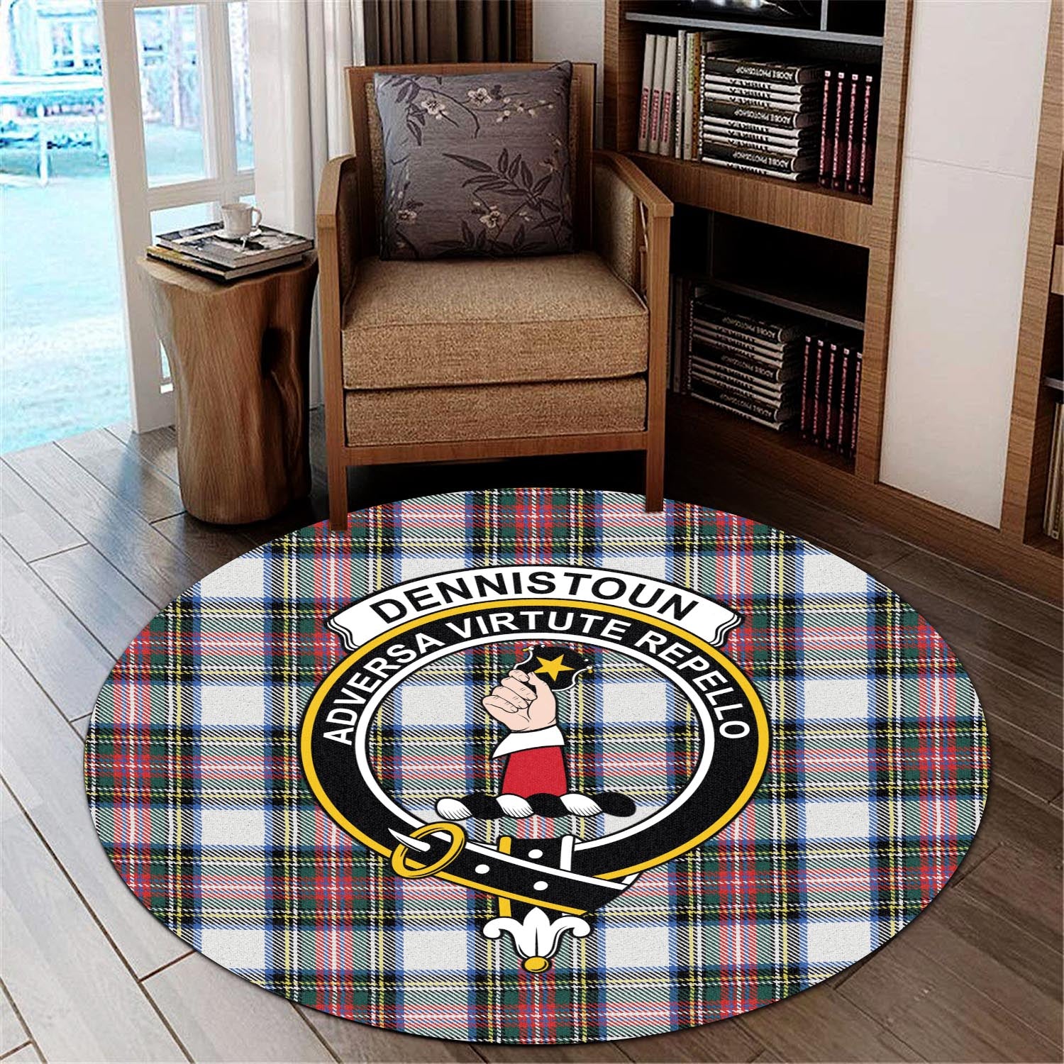 Dennistoun Tartan Round Rug with Family Crest - Tartan Vibes Clothing