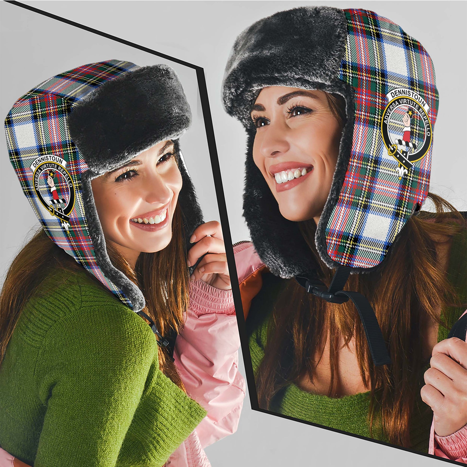 Dennistoun Tartan Winter Trapper Hat with Family Crest - Tartan Vibes Clothing