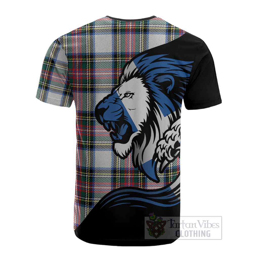 Dennistoun Tartan Crest Cotton T-shirt Scottish Golden Lions Wave Flow
