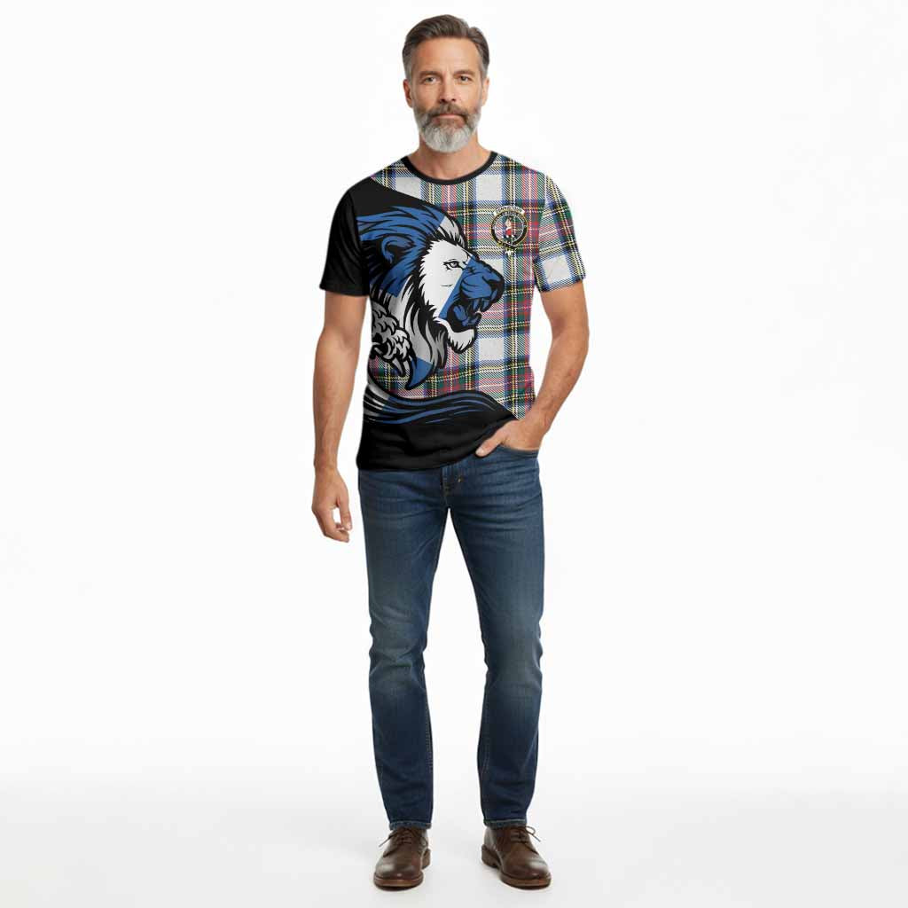 Dennistoun Tartan Crest Cotton T-shirt Scottish Golden Lions Wave Flow