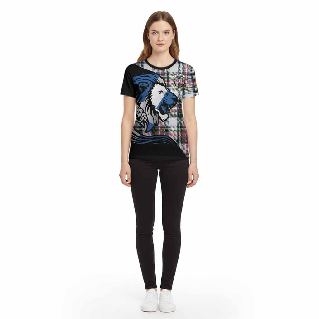 Dennistoun Tartan Crest Cotton T-shirt Scottish Golden Lions Wave Flow