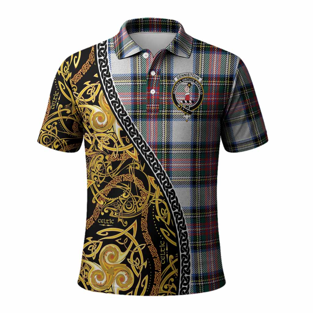 Dennistoun Tartan Crest Polo Shirt Celtic Knot and Triple Trickle Spiral Symbols