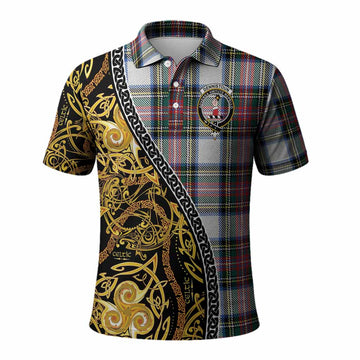 Dennistoun Tartan Crest Polo Shirt Celtic Knot and Triple Trickle Spiral Symbols