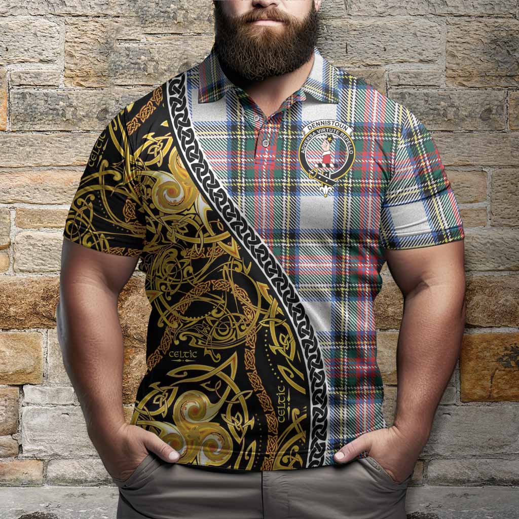 Dennistoun Tartan Crest Polo Shirt Celtic Knot and Triple Trickle Spiral Symbols