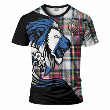 Dennistoun Tartan Crest T-Shirt Scottish Golden Lions Wave Flow