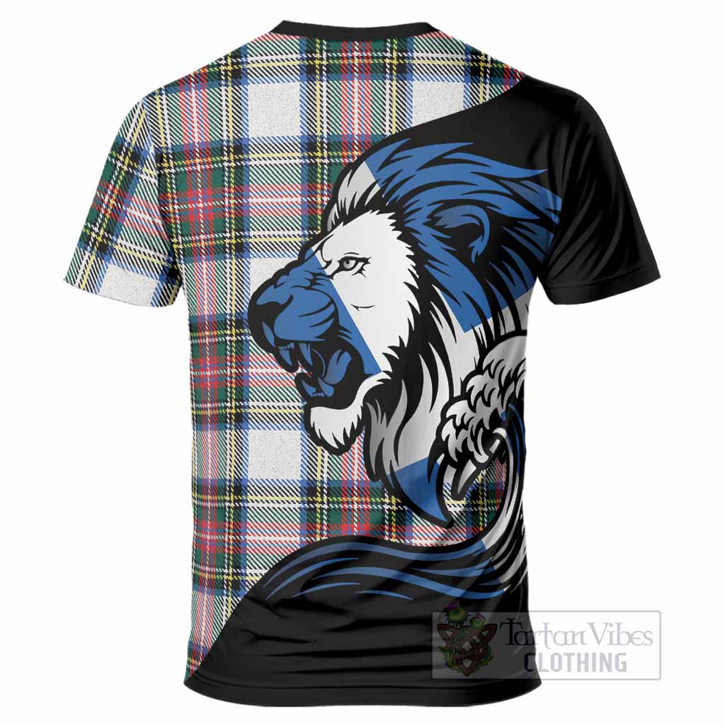 Dennistoun Tartan Crest T-Shirt Scottish Golden Lions Wave Flow