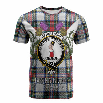 Dennistoun Tartan Family Crest Cotton T-shirt Scottish Burns Night Thistle Floral