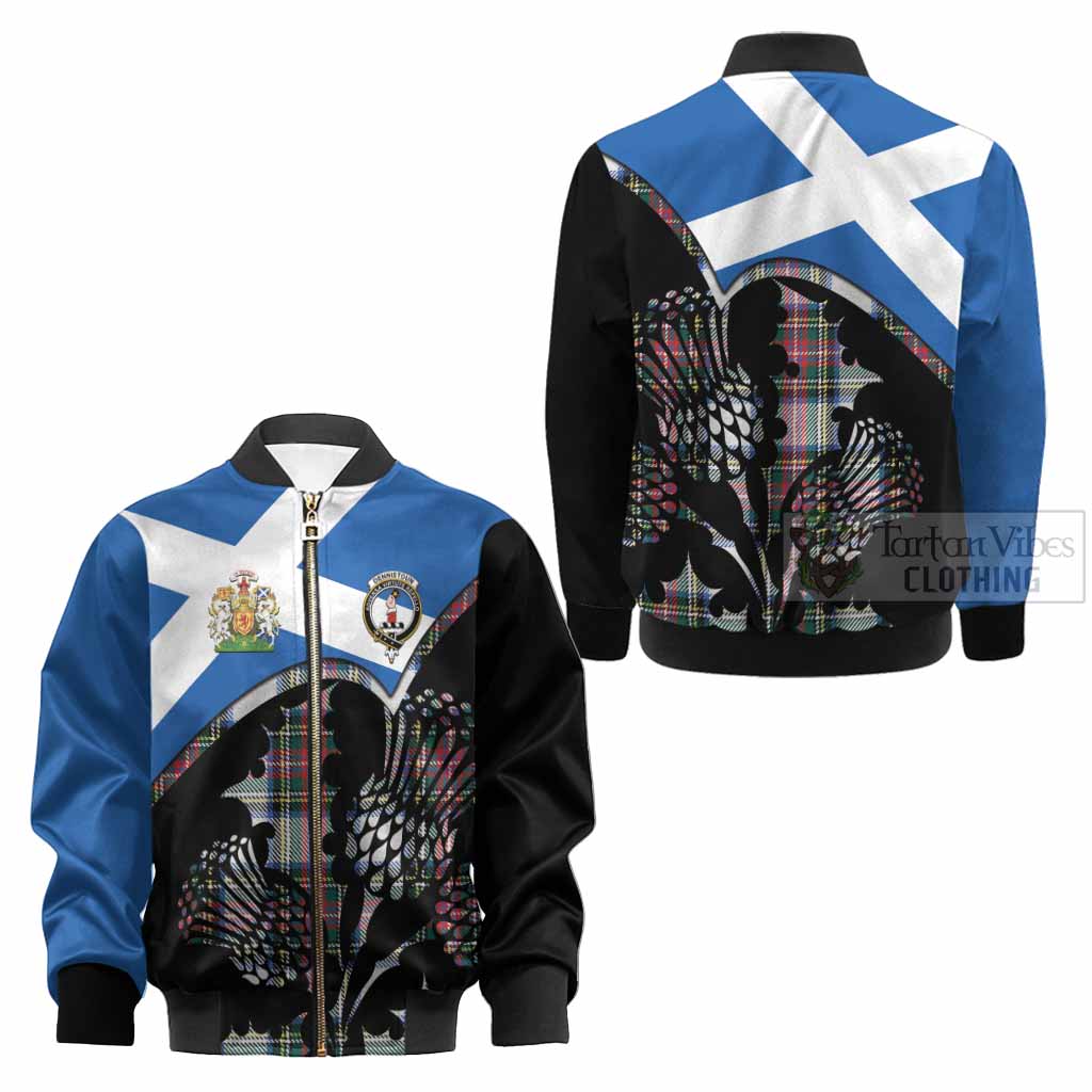 Dennistoun Tartan Family Crest Kid Bomber Jacket Scotland Thistle Floral Flag Style