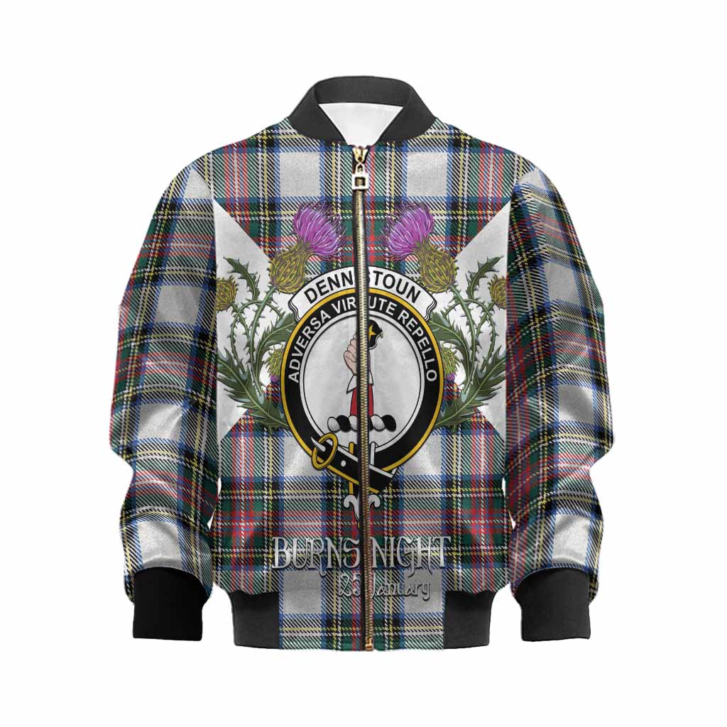 Dennistoun Tartan Family Crest Kid Bomber Jacket Scottish Burns Night Thistle Floral