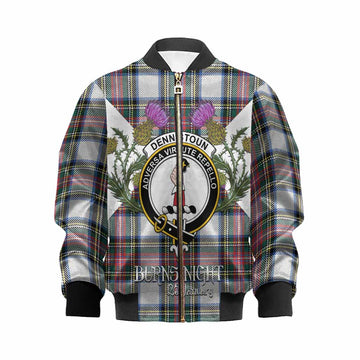 Dennistoun Tartan Family Crest Kid Bomber Jacket Scottish Burns Night Thistle Floral