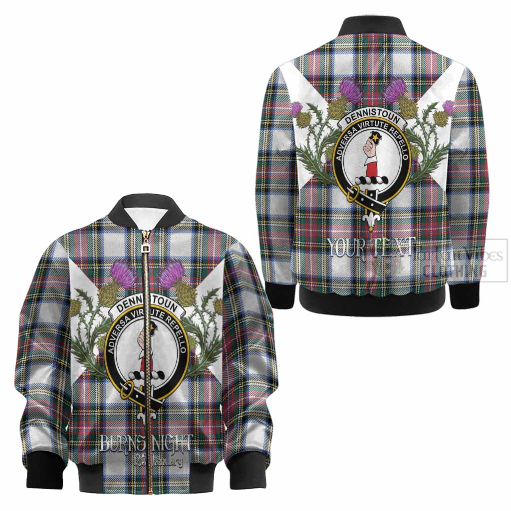 Dennistoun Tartan Family Crest Kid Bomber Jacket Scottish Burns Night Thistle Floral