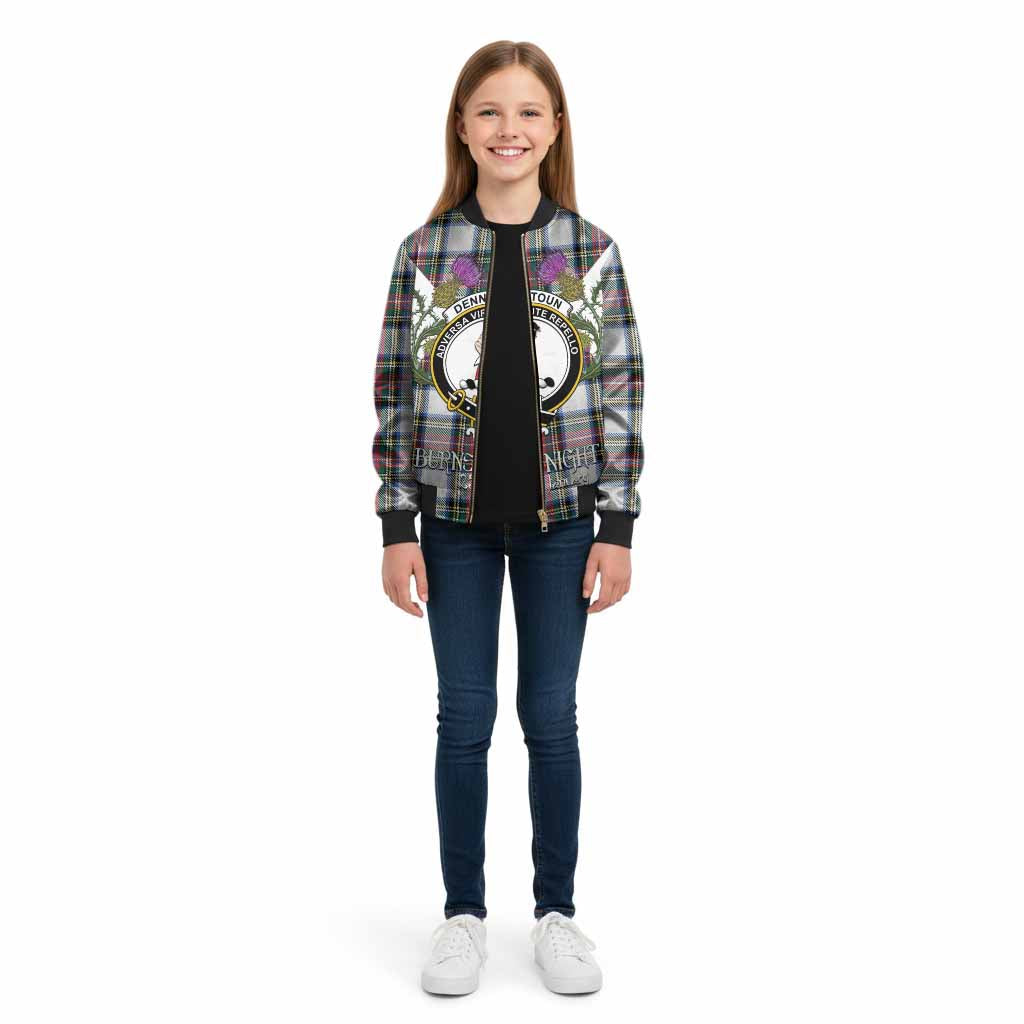 Dennistoun Tartan Family Crest Kid Bomber Jacket Scottish Burns Night Thistle Floral