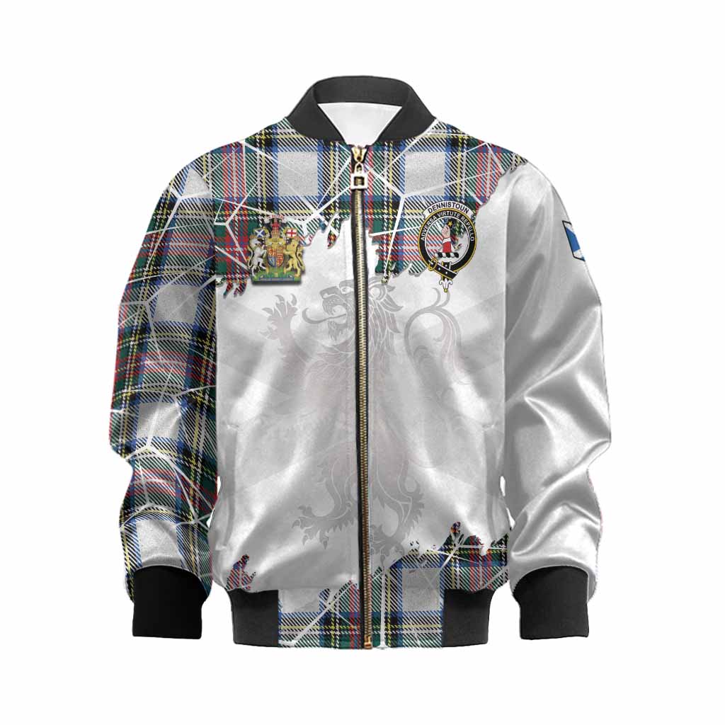 Dennistoun Tartan Kid Bomber Jacket with Family Crest and Lion Rampant Grunge Style
