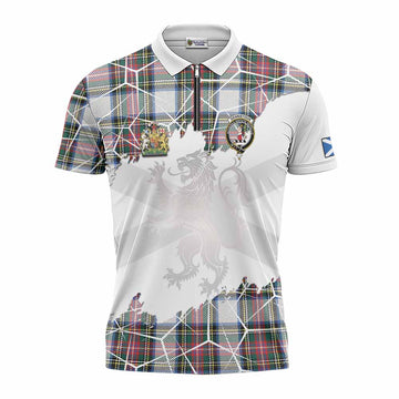 Dennistoun Tartan Zipper Polo Shirt with Family Crest and Lion Rampant Grunge Style