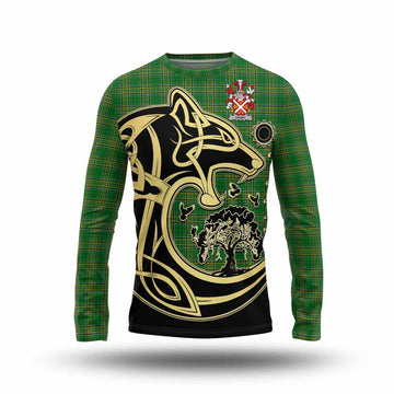 Denny Irish Tartan Long Sleeve T-Shirt with Coat of Arms Celtic Wolf Style Unisex - Tartan Vibes Clothing