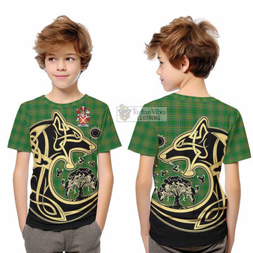 Denny Irish Tartan Kid T-Shirt with Coat of Arms Celtic Wolf Style - Tartan Vibes Clothing