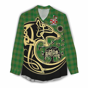 Tartan Vibes Clothing Desmond Irish Tartan Women's Casual Shirt with Coat of Arms Celtic Wolf Style