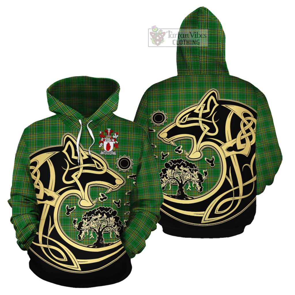 Tartan Vibes Clothing Devaney Irish Tartan Cotton Hoodie with Coat of Arms Celtic Wolf Style