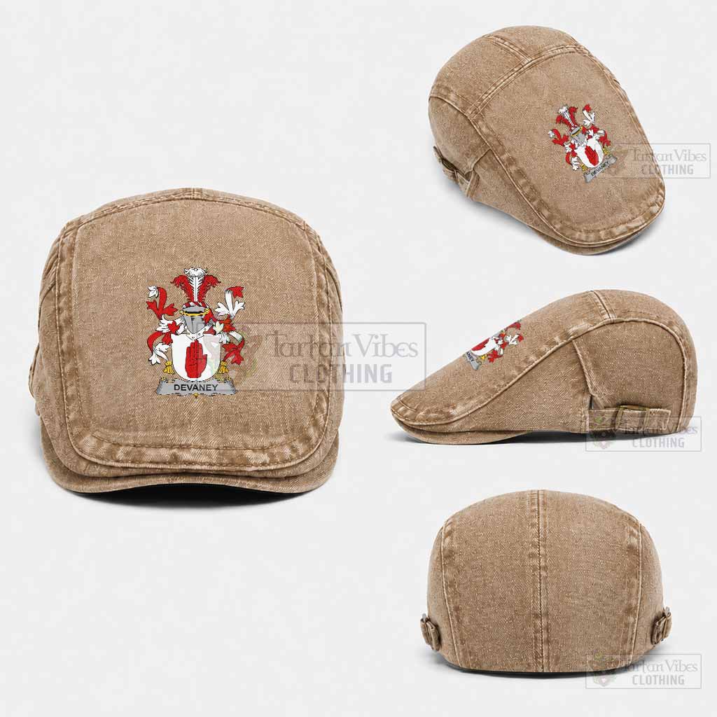 Devaney Irish Coat of Arms Washed Flat Cap - Unisex Jeff Cap One Size (Adjustable) Khaki - Tartan Vibes Clothing