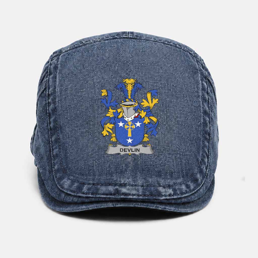 Devlin Irish Coat of Arms Washed Flat Cap - Unisex Jeff Cap One Size (Adjustable) Dark Blue - Tartan Vibes Clothing