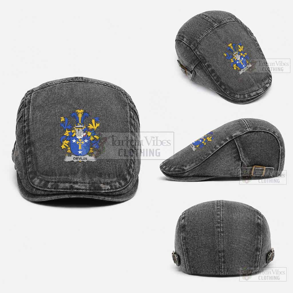 Devlin Irish Coat of Arms Washed Flat Cap - Unisex Jeff Cap One Size (Adjustable) Black - Tartan Vibes Clothing