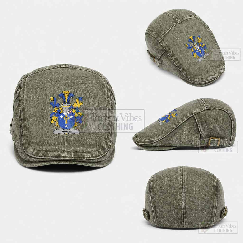 Devlin Irish Coat of Arms Washed Flat Cap - Unisex Jeff Cap One Size (Adjustable) Army Green - Tartan Vibes Clothing