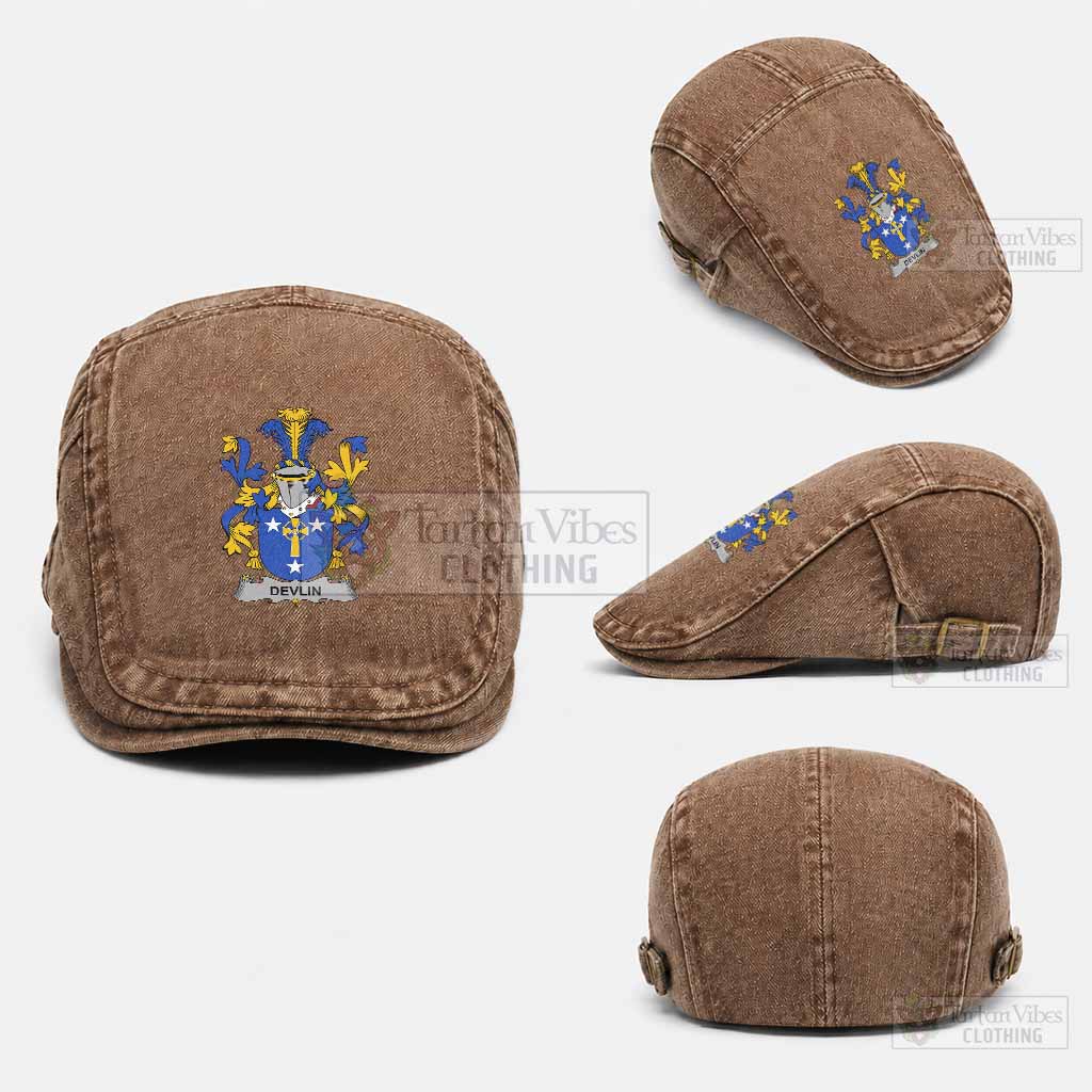Devlin Irish Coat of Arms Washed Flat Cap - Unisex Jeff Cap One Size (Adjustable) Coffee - Tartan Vibes Clothing