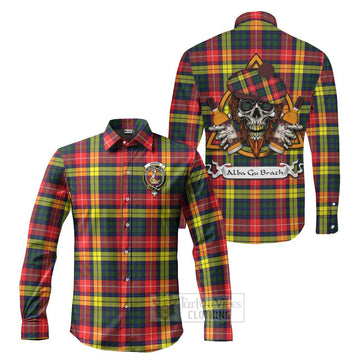 Dewar Tartan Long Sleeve Button Shirt with Family Crest and Bearded Skull Holding Bottles of Whiskey Men's Shirt S - Tartan Vibes Clothing